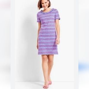 Talbots shift dress size M petite short sleeve ruffle neck cotton blue red pink